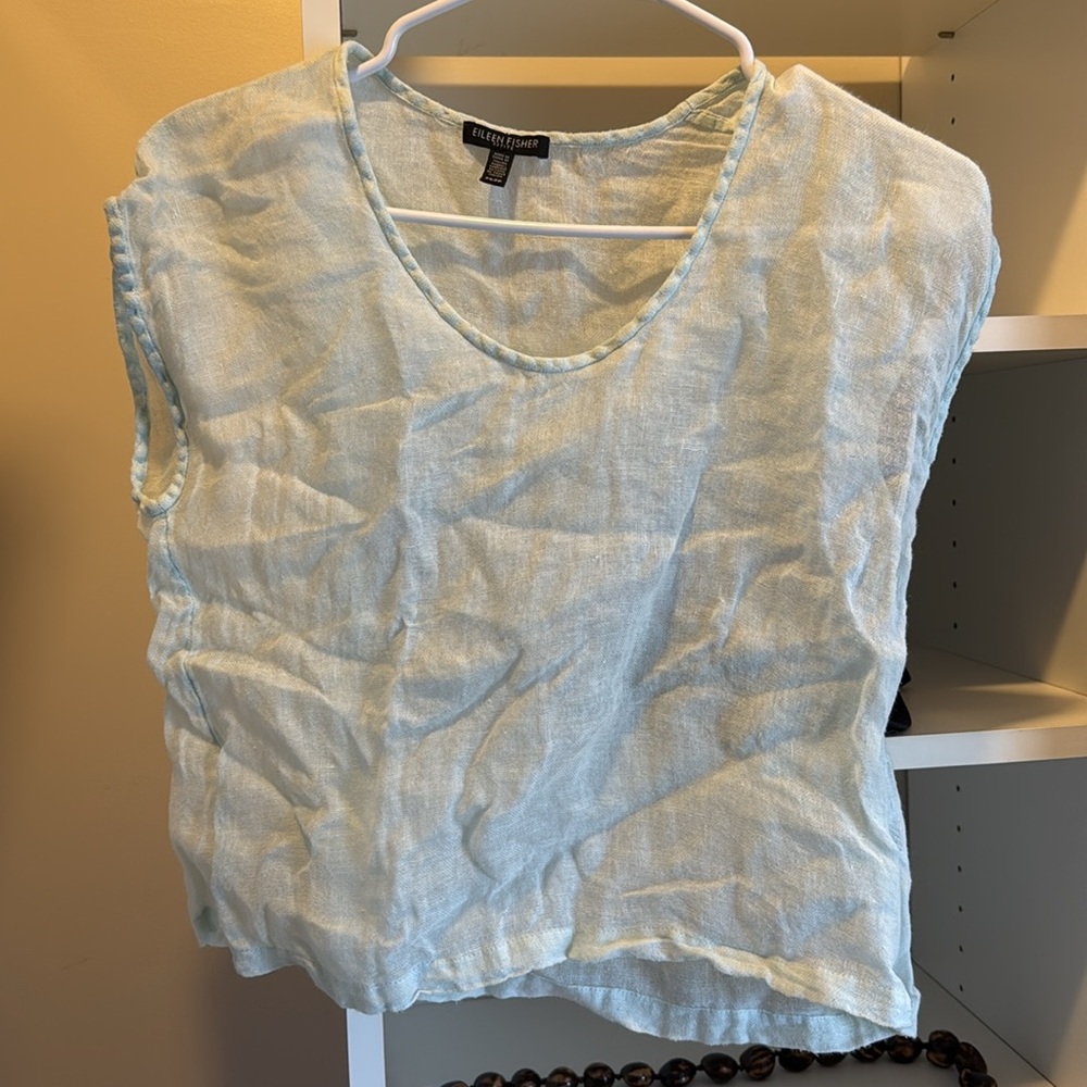 Eileen Fisher Green Boxy Short Sleeve Organic Linen Blouse Petite Small/PP